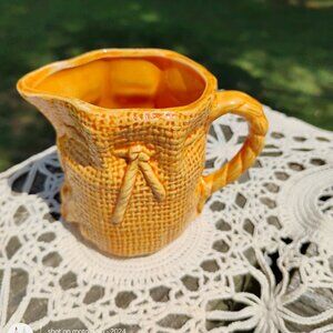 Royal Sealy brand ceramic coffee creamer burlap sack shaped with faux tie 1960s